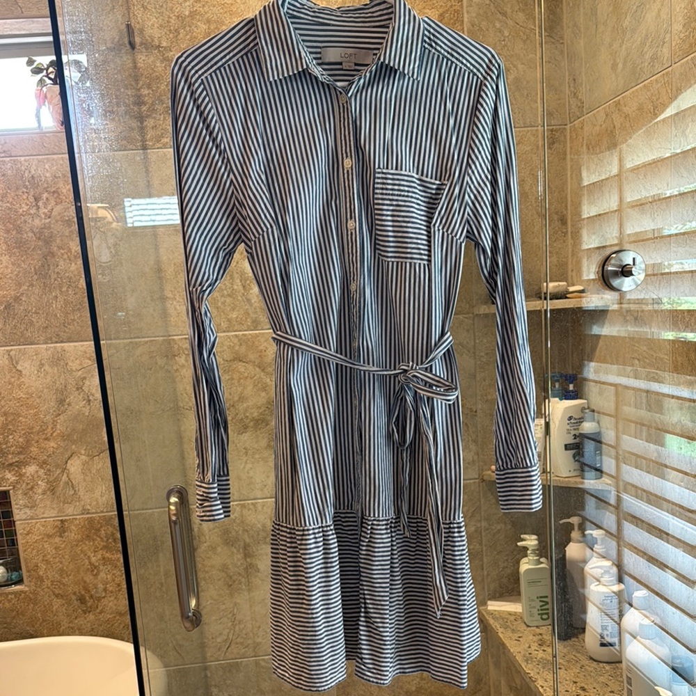 LOFT Blue and White Long Sleeve Shirt Dress